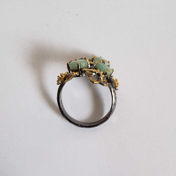 New EMERALD Sterling Silver Ring 925 Floral Artisan Gold Accents - Picture 12 of 15
